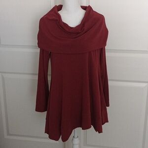 Soft Surroundings Tunic Top With Wide Cowl Neck Brick Red Assymetrical Hem
